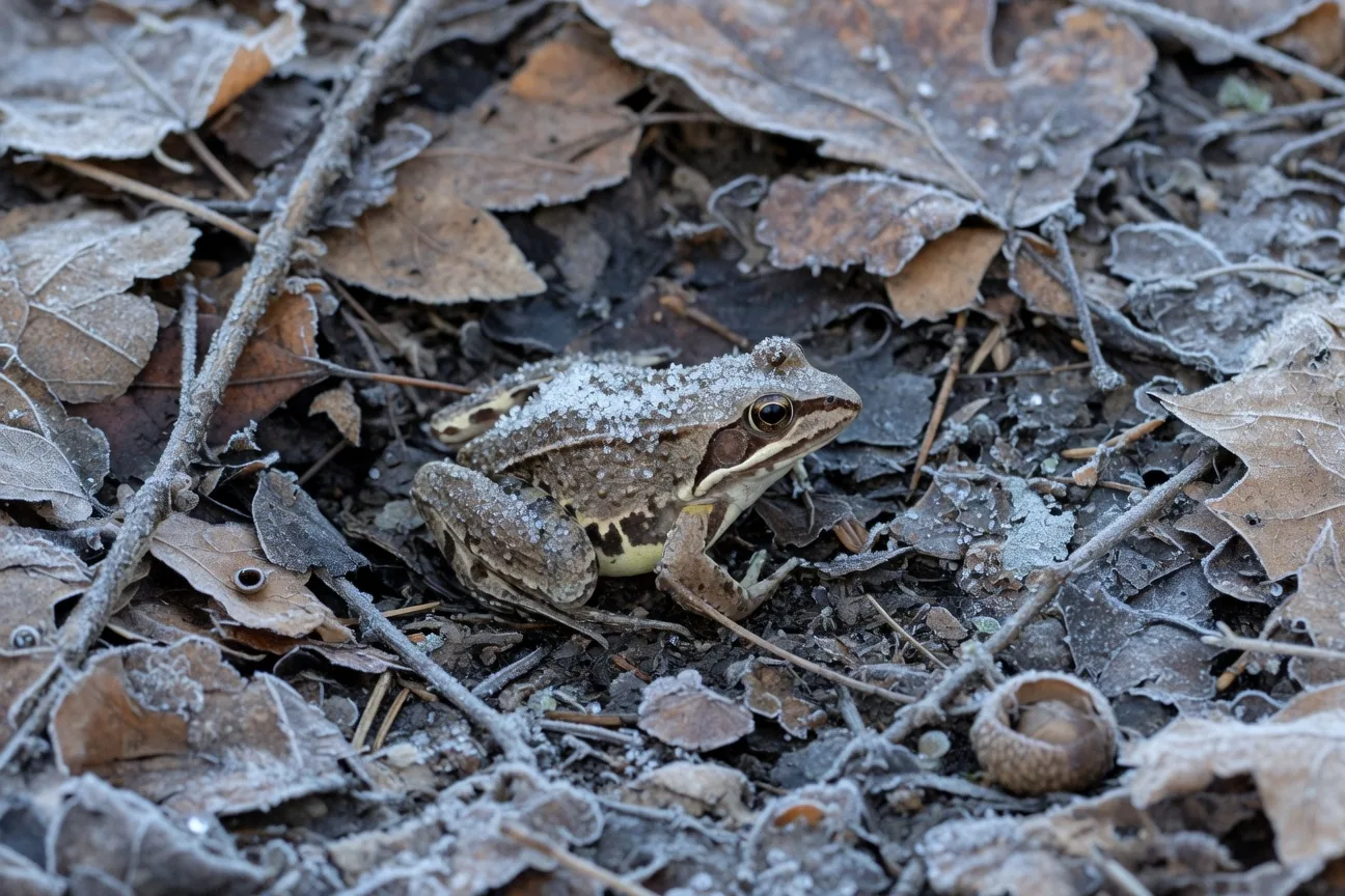 A wood frog partially buried in frozen leaf litter in winter, body protected by natural antifreeze chemicals called cryoprotectants
