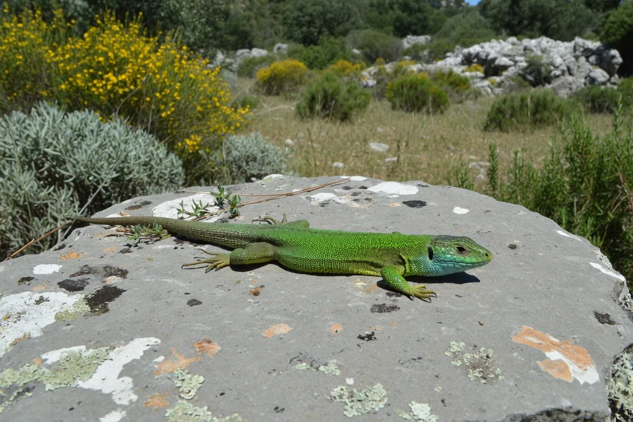 A European green lizard basking perpendicular to the sun on a warm flat rock, rib cage expanded to absorb maximum heat