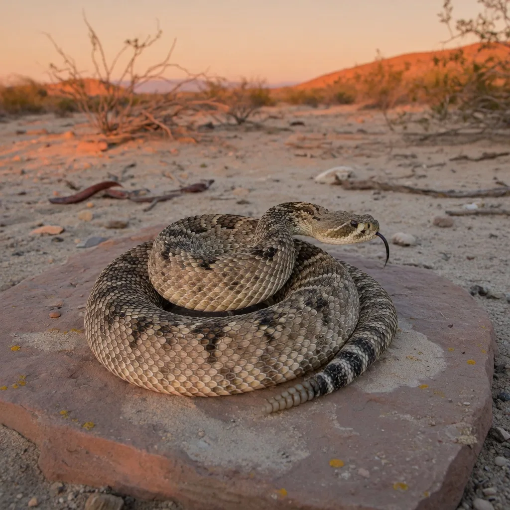 Western diamondback rattlesnake on a desert rock at dusk