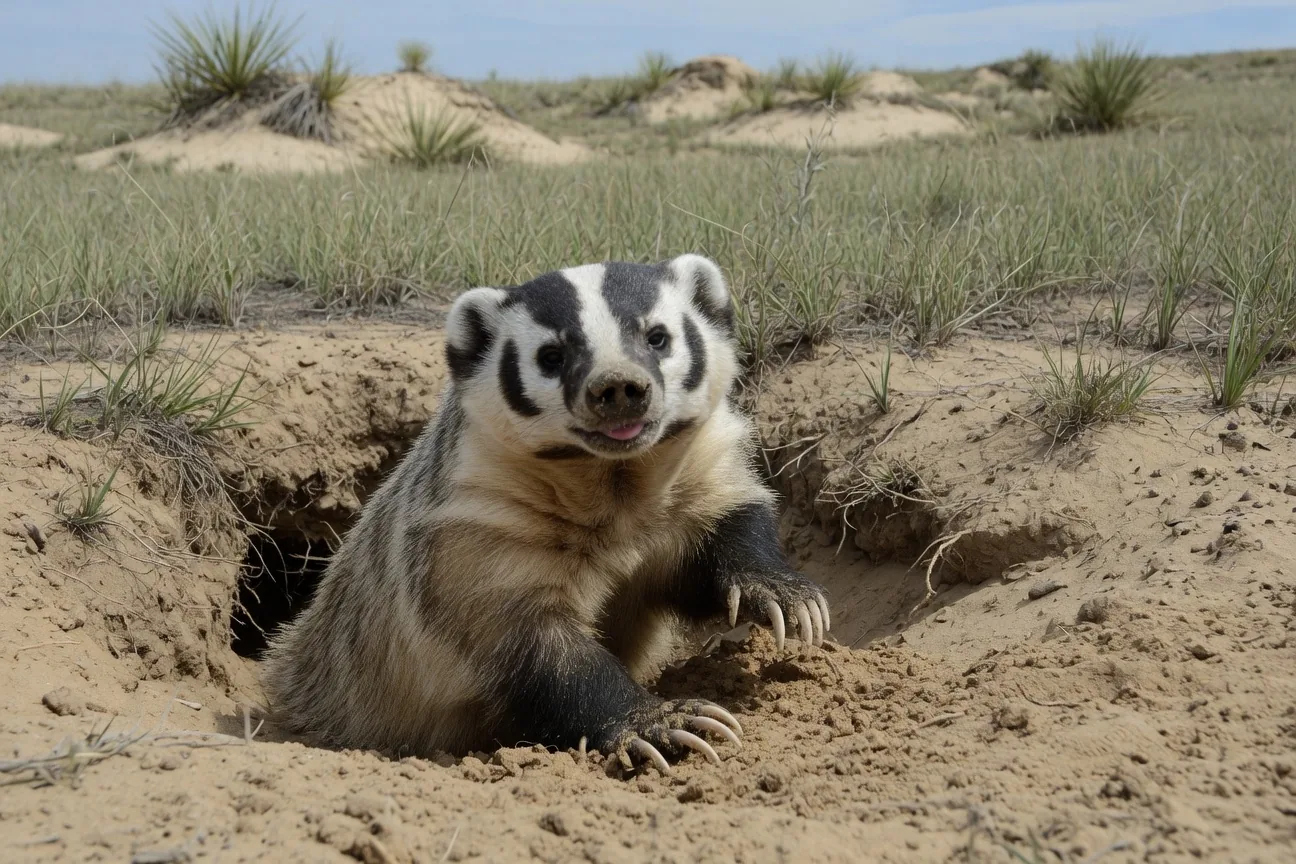 An American badger digging in prairie soil