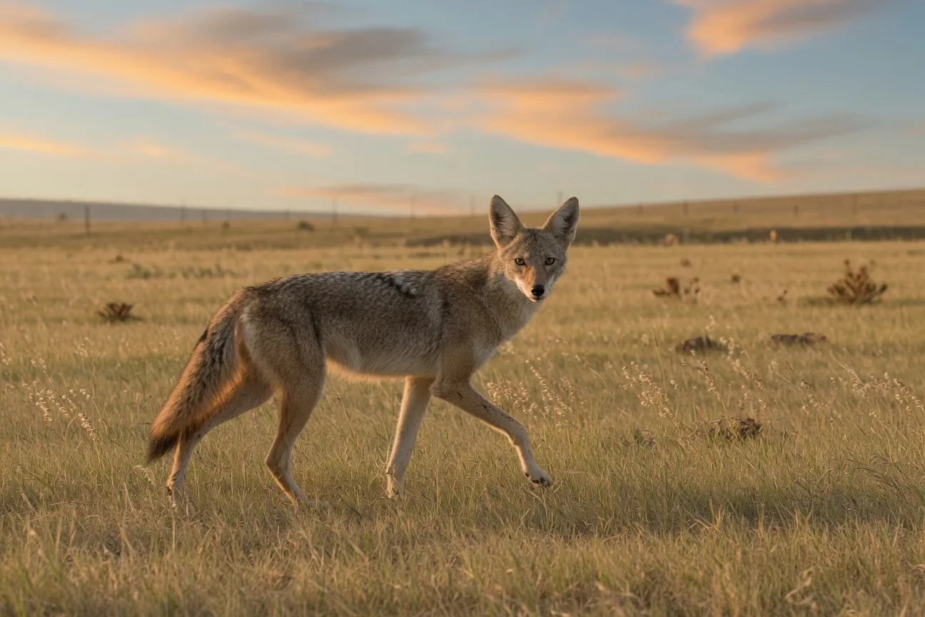 A coyote trotting through prairie grassland