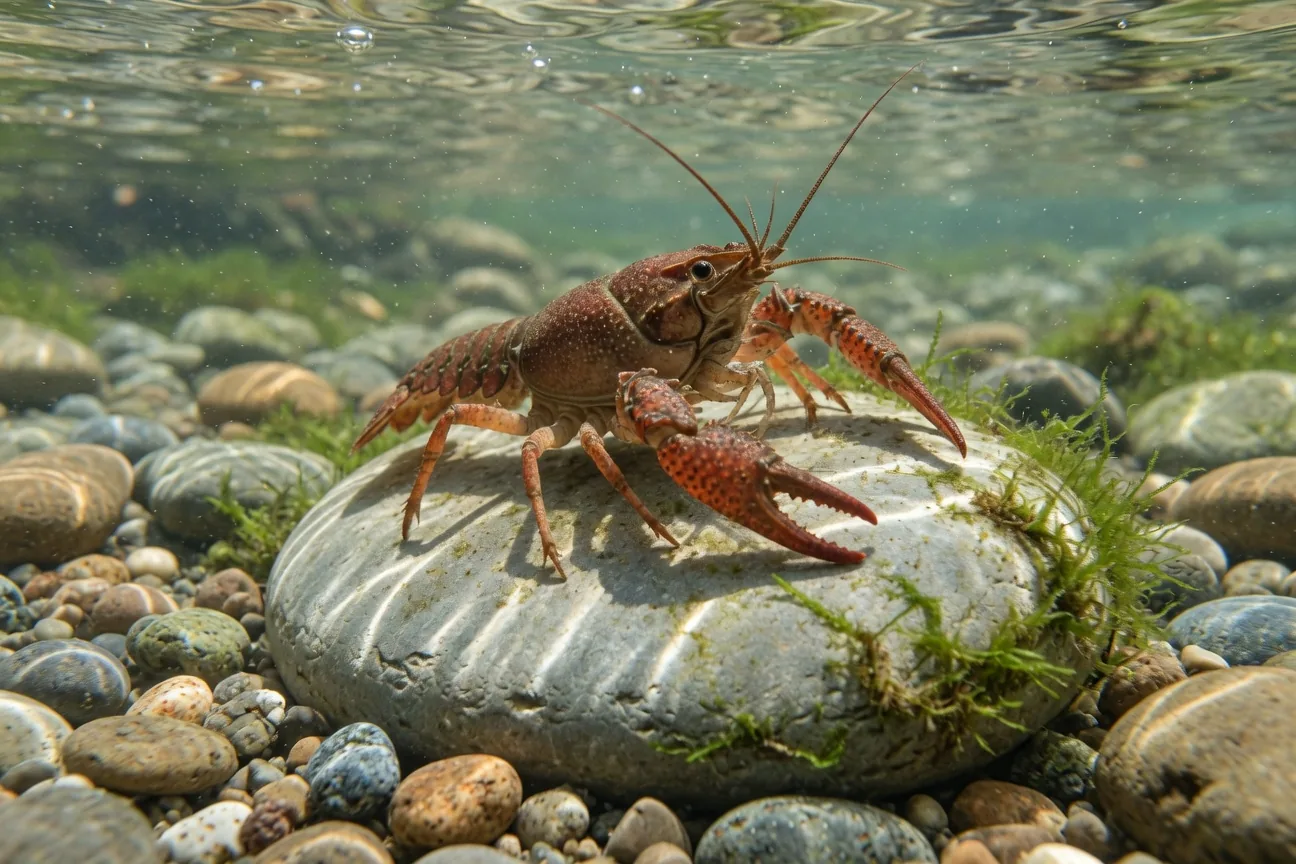 A freshwater crayfish on a river rock