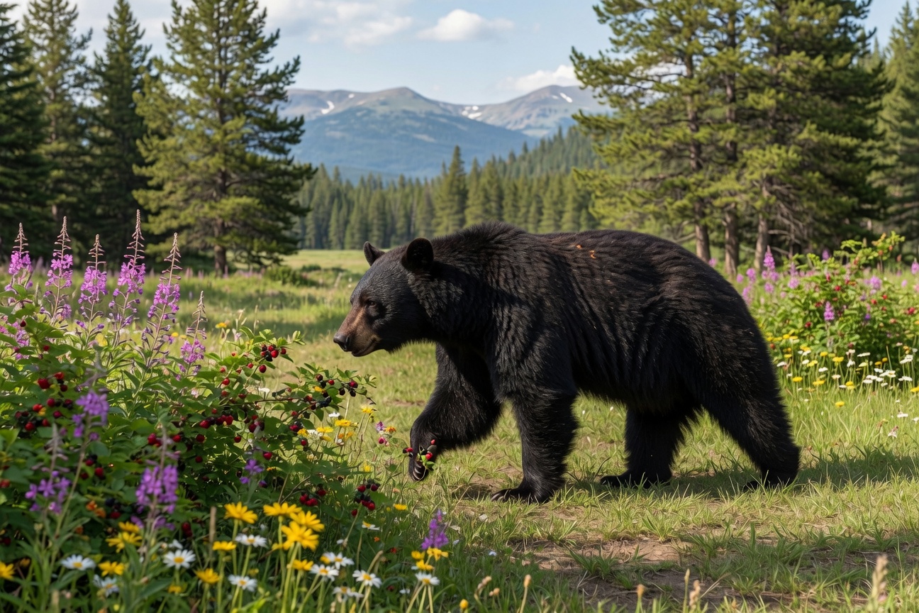 A black bear walks through a grassy meadow filled with wildflowers, with a pine forest and mountains in the background.