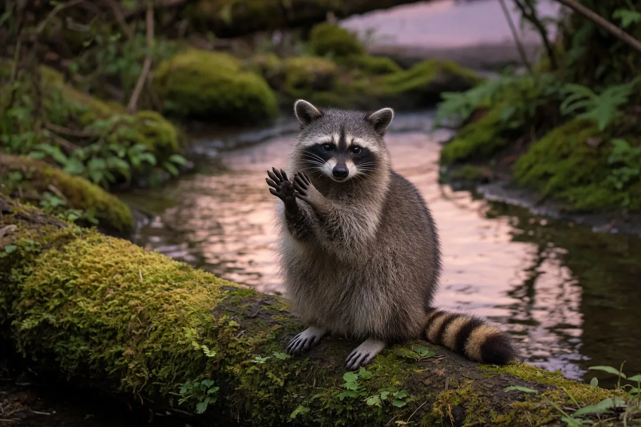 A raccoon washing food beside a stream at night