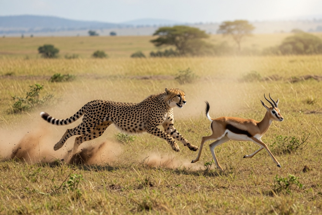 A cheetah sprints after a gazelle across a dusty savanna.