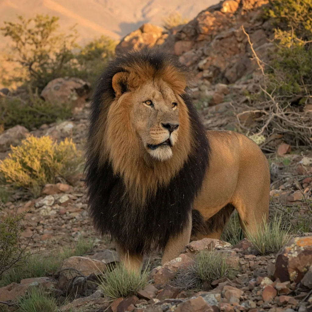 A Barbary lion (the largest lion subspecies) on rocky Atlas Mountain terrain, with its characteristic thick dark mane