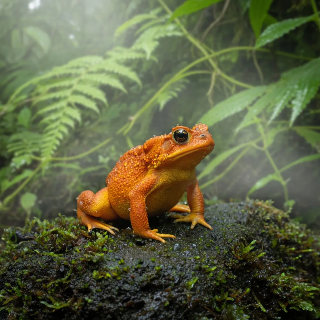 The golden toad (Bufo periglenes), brilliant orange-gold, perched on a mossy rock in the cloud forest of Costa Rica
