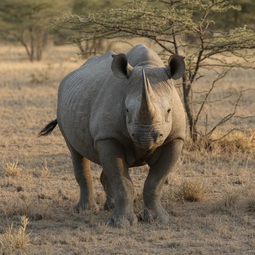 A western black rhinoceros on the African savanna against a warm sunset, the species was declared extinct by the IUCN in 2011