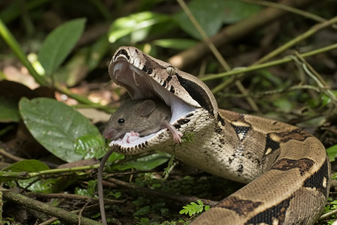 Boa constrictor swallowing a mouse whole, jaw stretched wide open