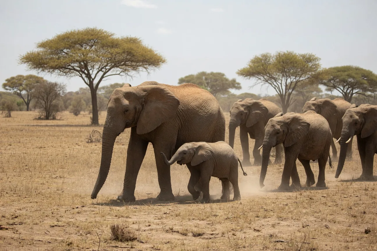 African elephant herd moving across the savanna, mother with calf visible