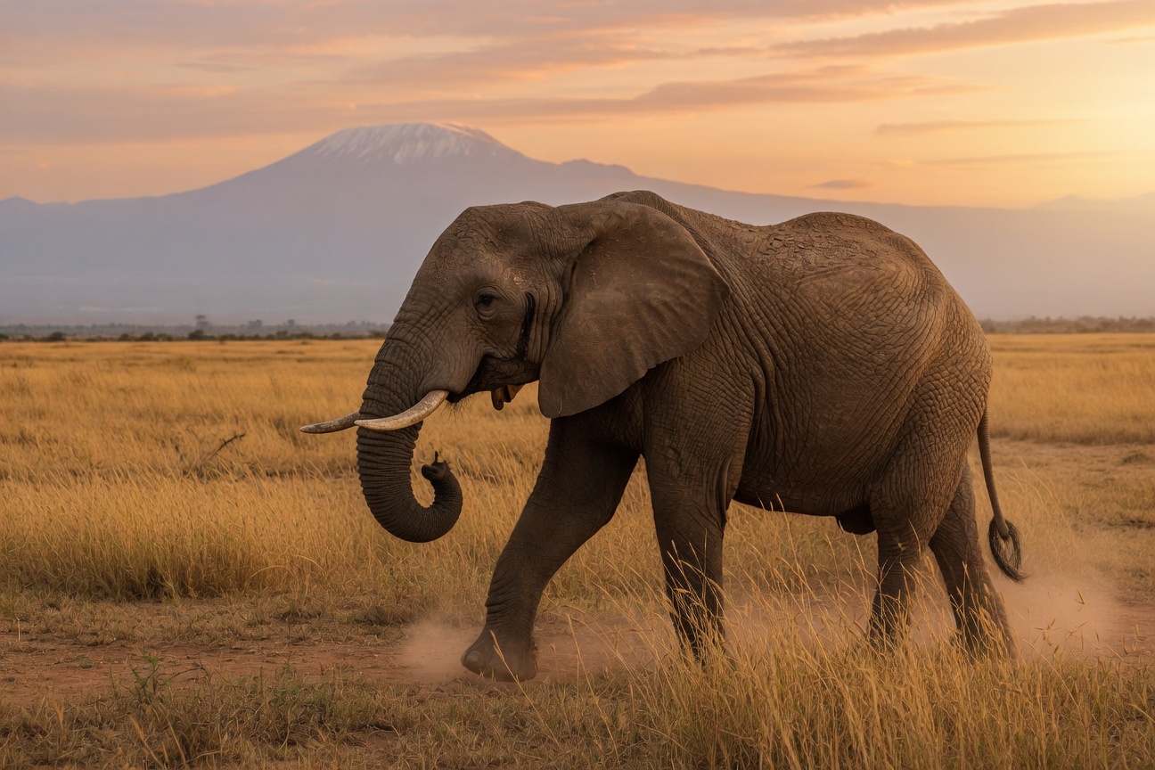 An African elephant walks through a grassy savanna with a snow-capped mountain visible in the background during sunset.