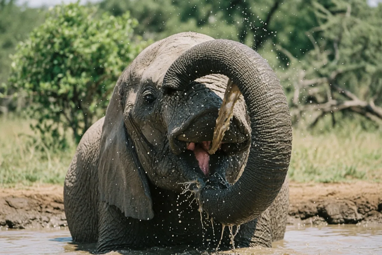 African elephant using its trunk to drink water at a waterhole