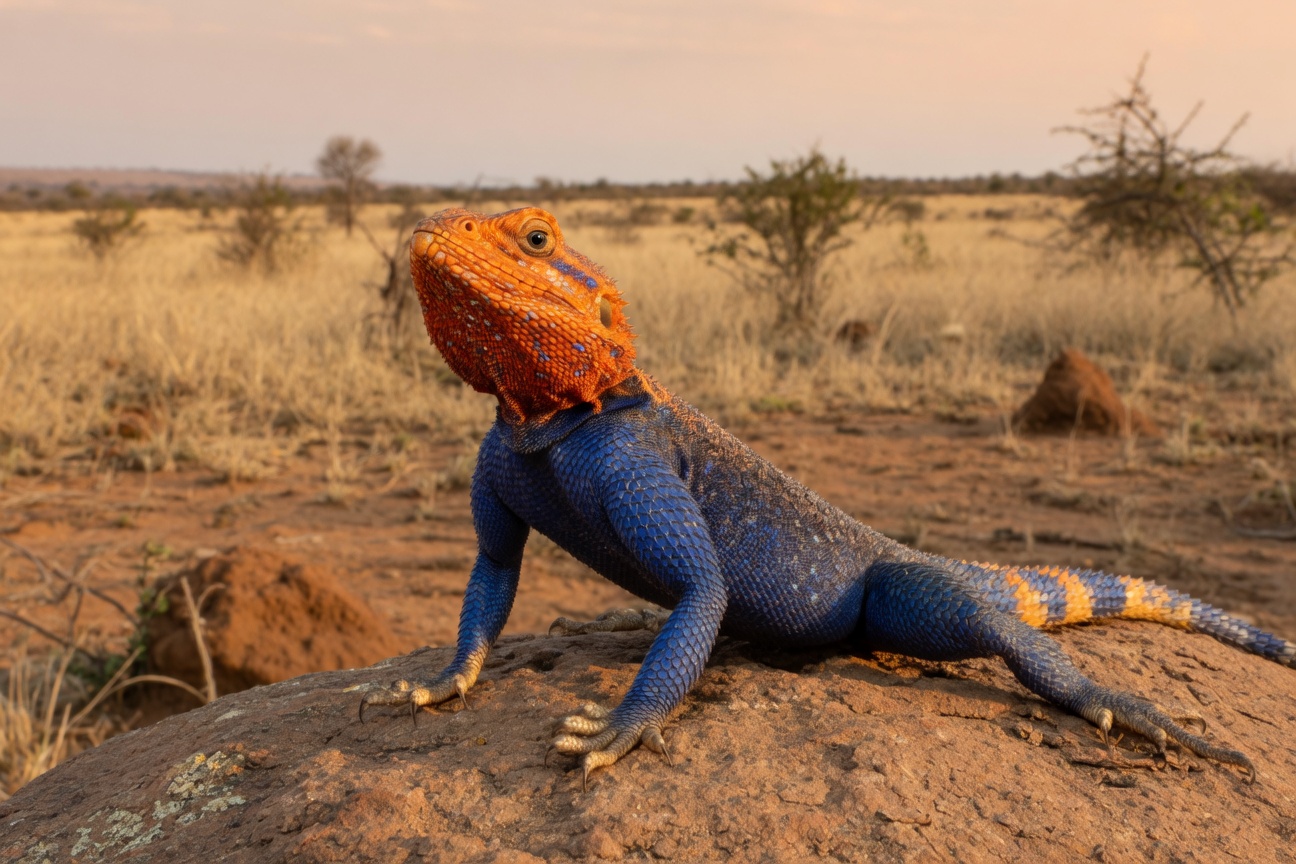 A male Agama lizard with a vibrant orange head and blue body perches on a rock in a grassy savanna.