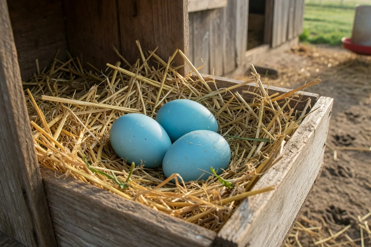 Three sky-blue Ameraucana eggs nestled in golden straw inside a rustic wooden nesting box