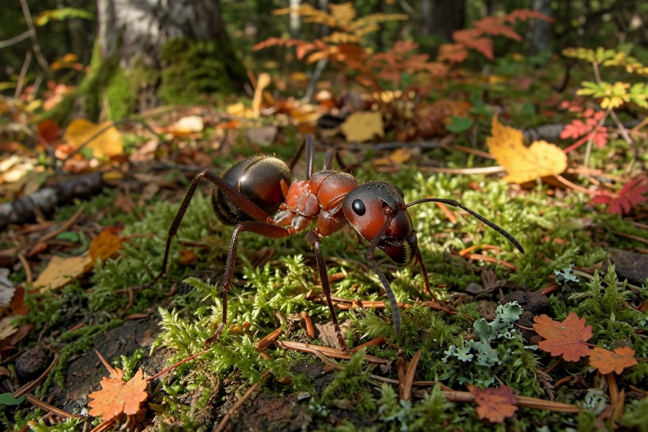 A large reddish-brown ant walks across green moss and fallen autumn leaves on a forest floor.