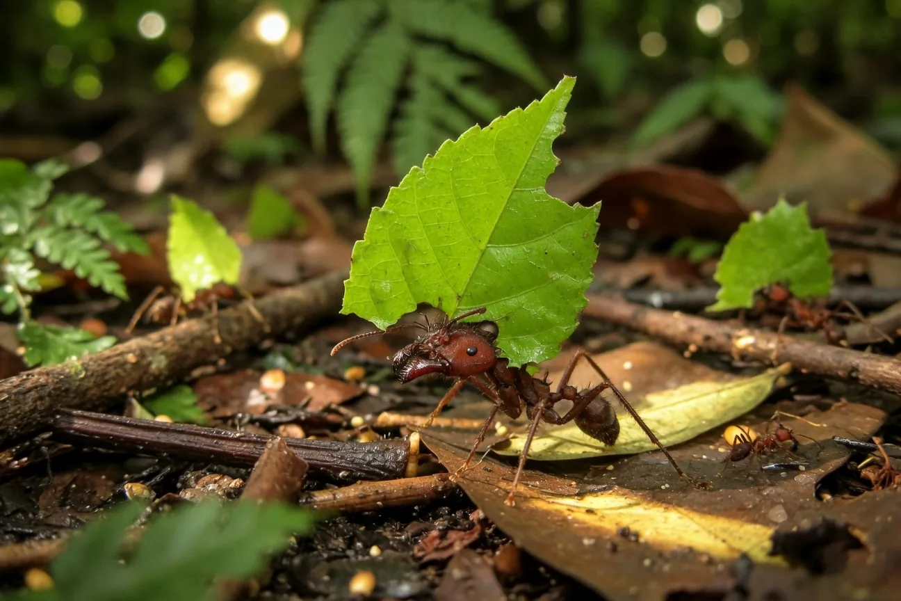 A leafcutter ant carrying a large green leaf fragment through a tropical forest