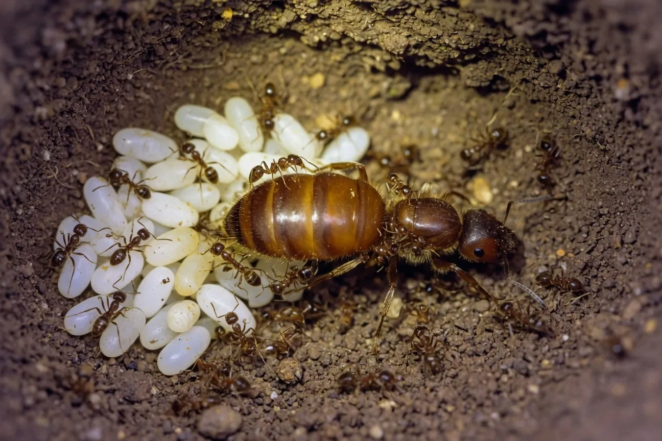 An ant queen surrounded by her worker ants inside an underground chamber