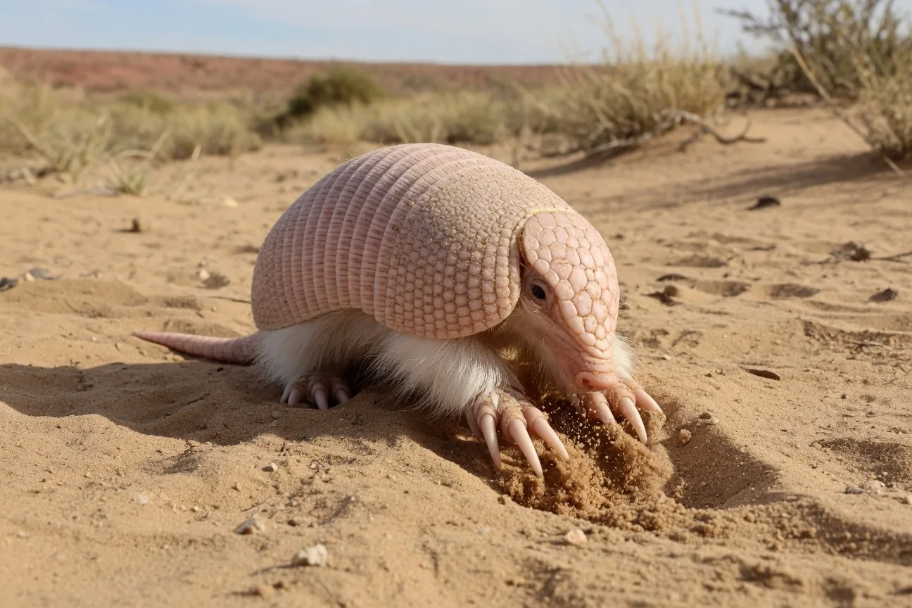 Pink fairy armadillo, the world's smallest armadillo species, with its distinctive pink shell