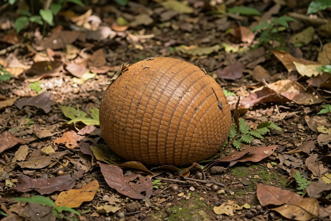 Three-banded armadillo rolled into a perfect defensive ball, shell tightly closed