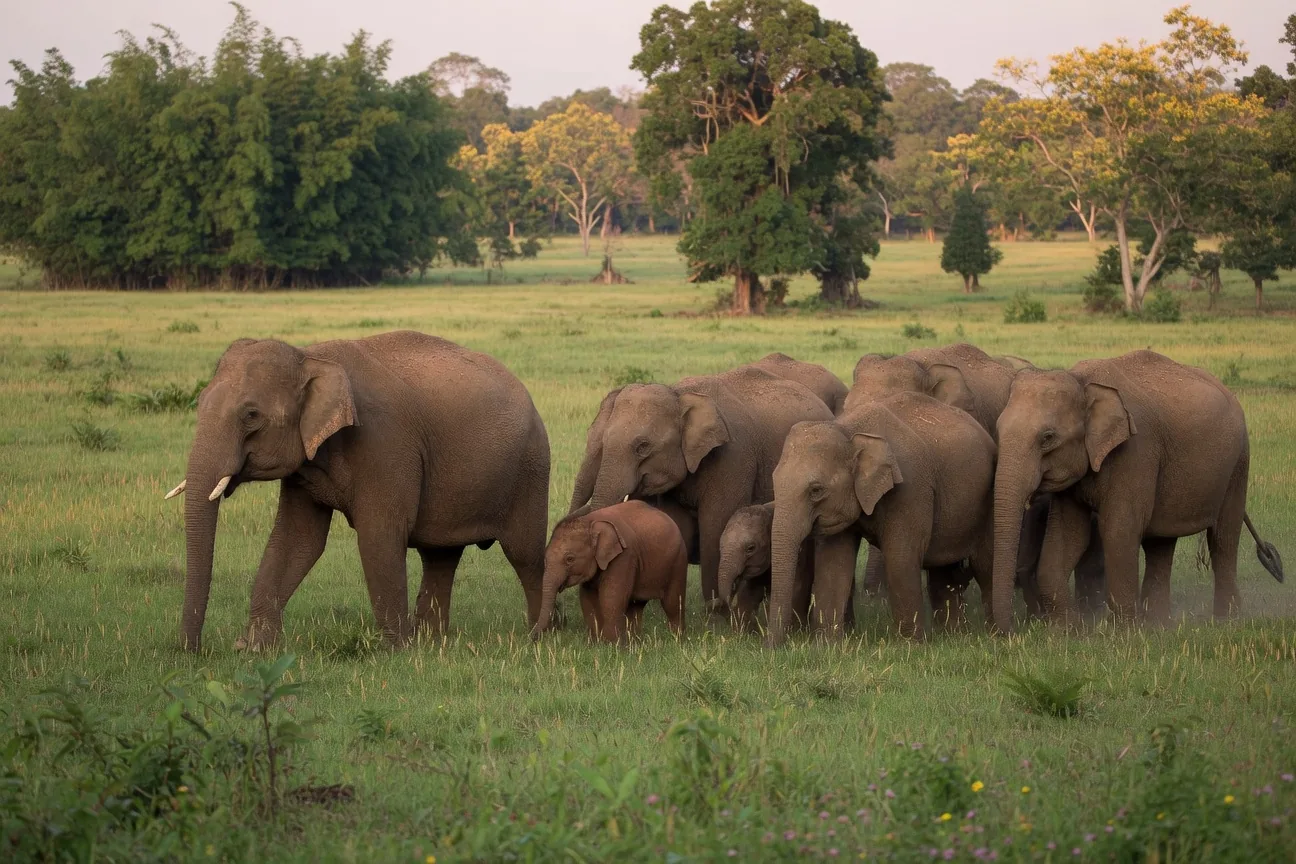 A matriarchal herd of Asian elephants walking together through a tropical forest