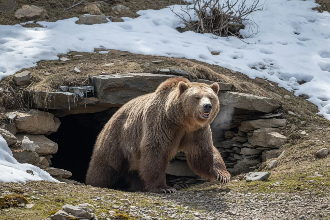 A grizzly bear stepping out of its den into bright spring sunlight, lean after winter, snow still on the hillside