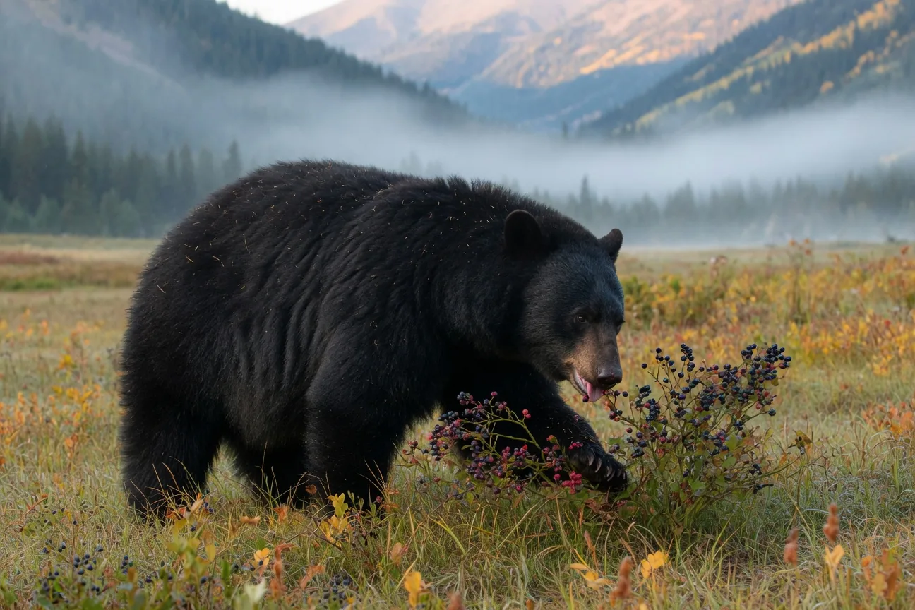 An American black bear eating berries in an autumn forest, building up fat reserves before winter hibernation