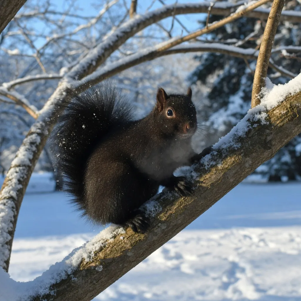 Black squirrel in winter sunshine, dark fur absorbing warmth