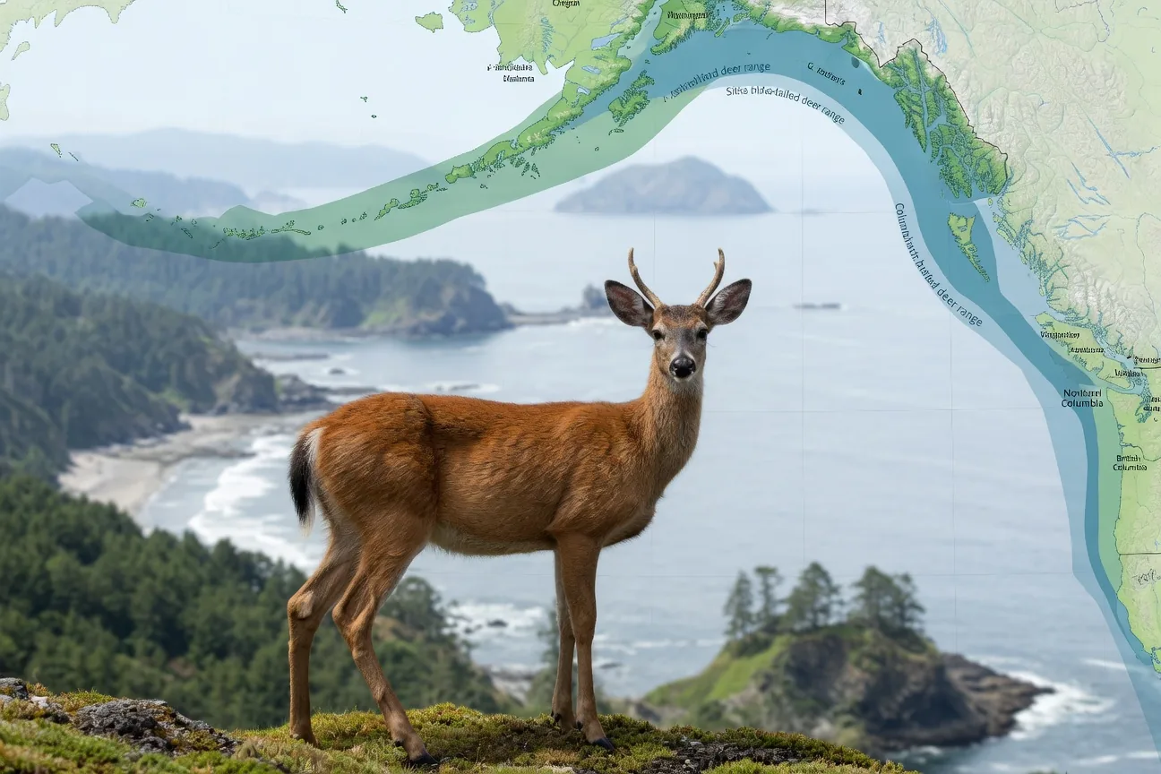 Map showing the range of Columbian black-tailed deer (California to British Columbia) and Sitka black-tailed deer (British Columbia to Southeast Alaska) along the Pacific Coast of North America