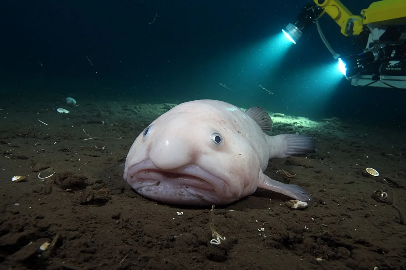 A blobfish out of water showing its famous drooping, gelatinous appearance, very different from how it looks at depth.