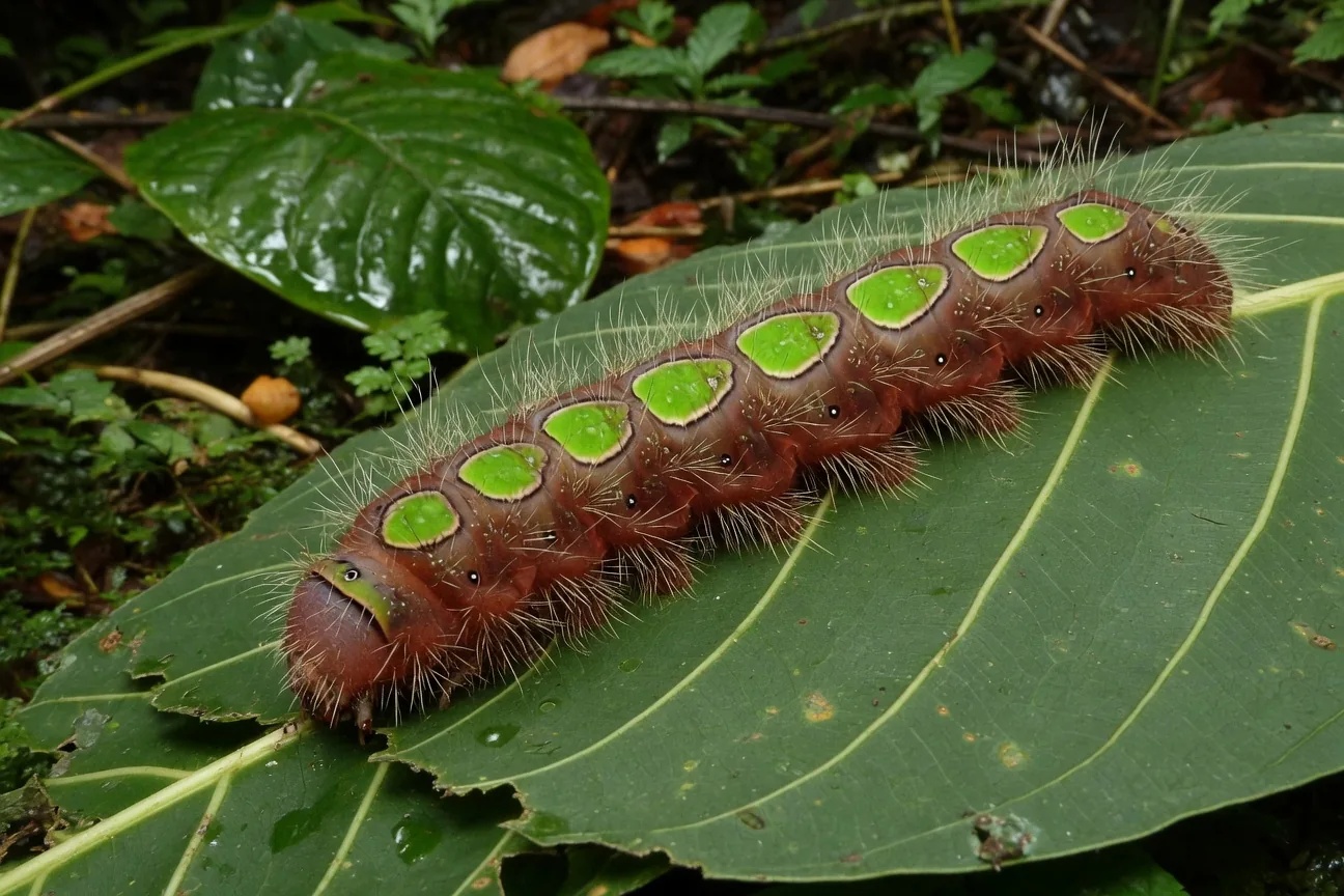A reddish-brown Blue Morpho caterpillar with green patches on a tropical leaf