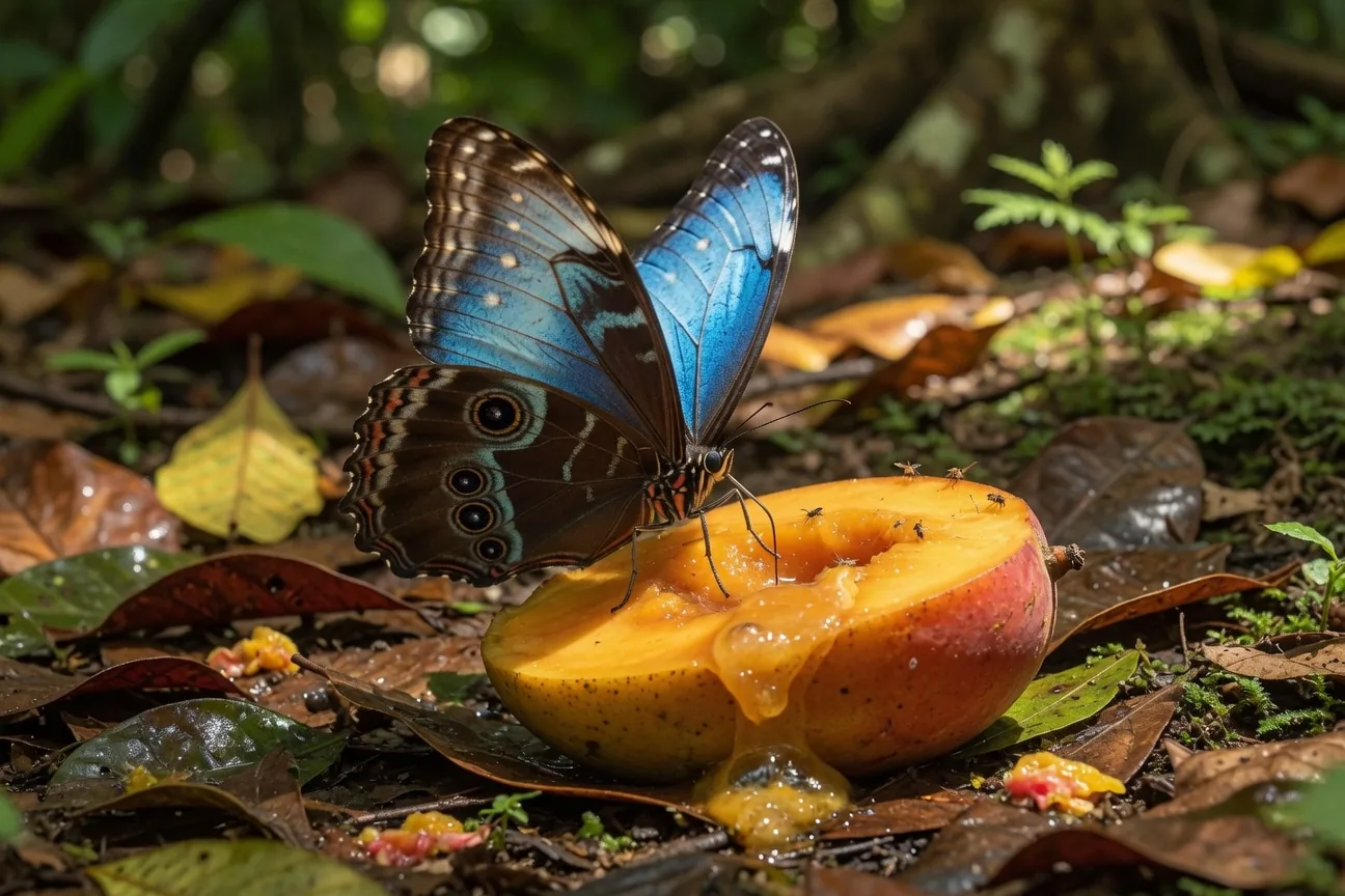 A Blue Morpho butterfly feeding on ripe fruit, wings half-open showing blue and brown