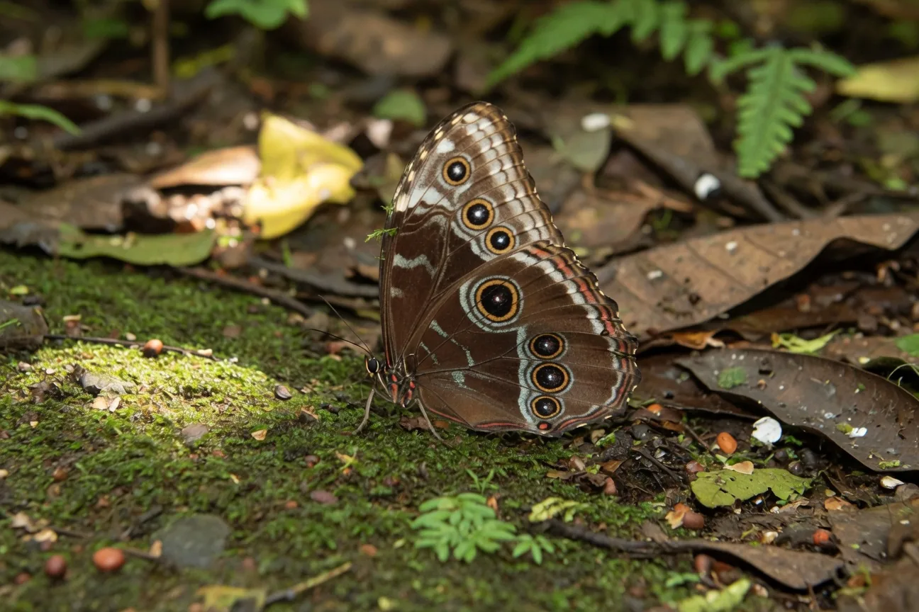 The brown underside of a Blue Morpho butterfly's wings showing eye-spot patterns