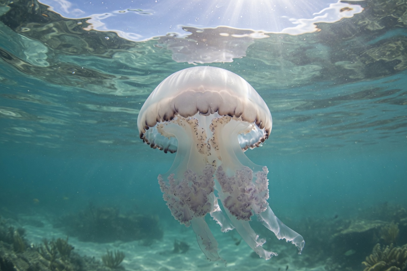 A cannonball jellyfish swims near the ocean surface with sunlight filtering through the water.