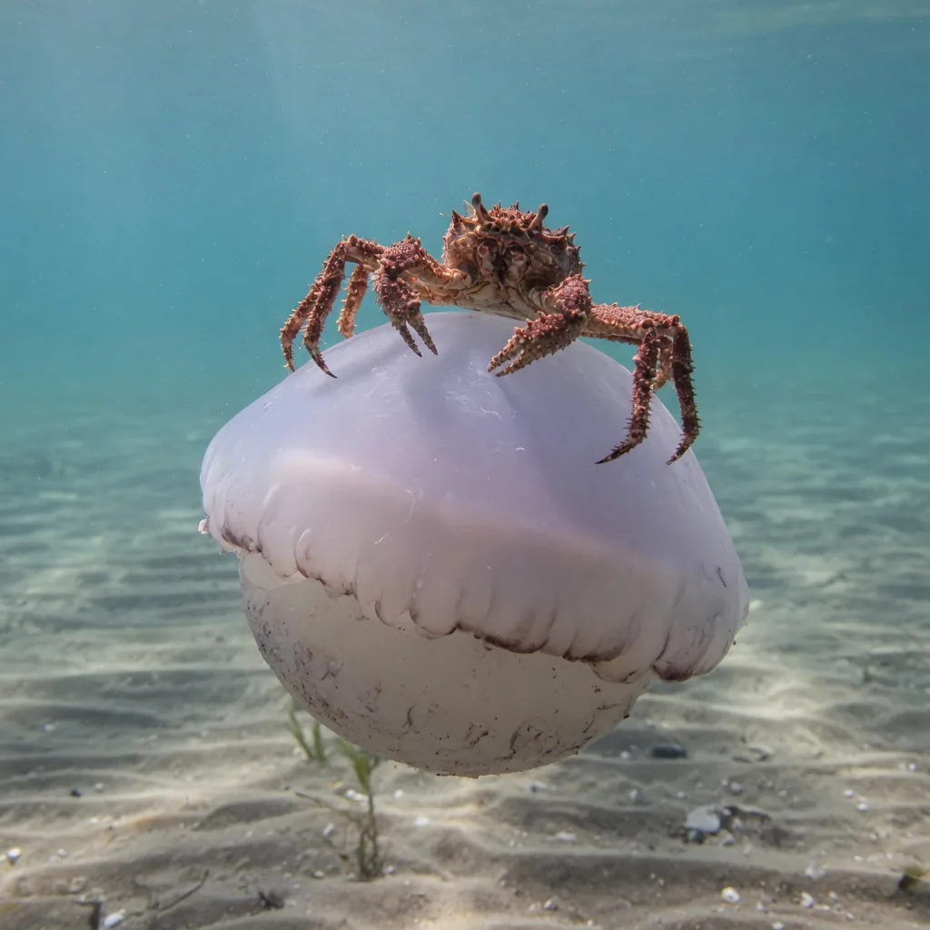 A portly spider crab riding on top of a cannonball jellyfish, demonstrating their symbiotic relationship