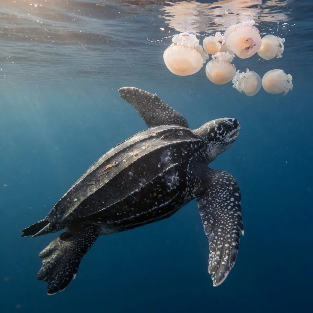 A leatherback sea turtle swimming toward a group of cannonball jellyfish in the open ocean