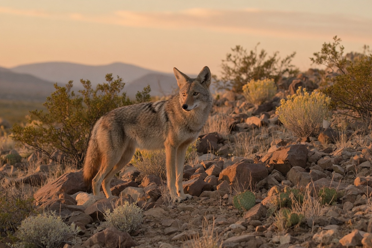 A coyote stands on a rocky slope surrounded by desert shrubs with mountains visible in the distance at sunset.