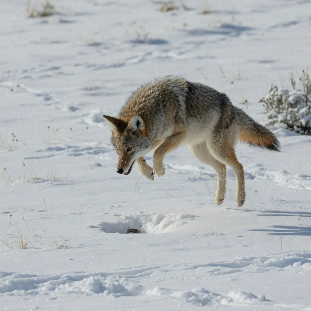 A coyote mid-pounce over a snowy meadow, hunting a small rodent hidden in the grass