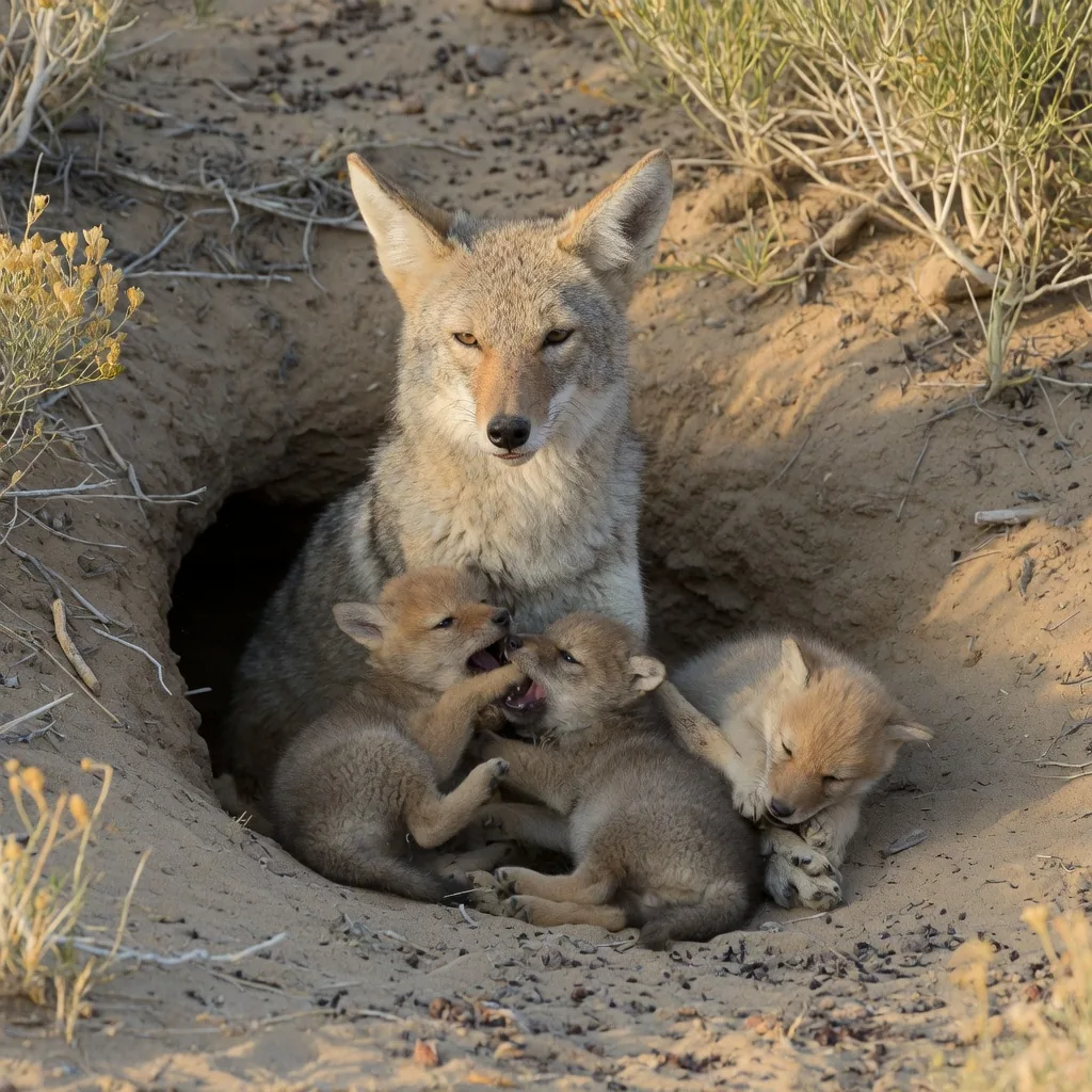 A mother coyote at her den entrance with three fuzzy pups tumbling around her feet in desert scrubland
