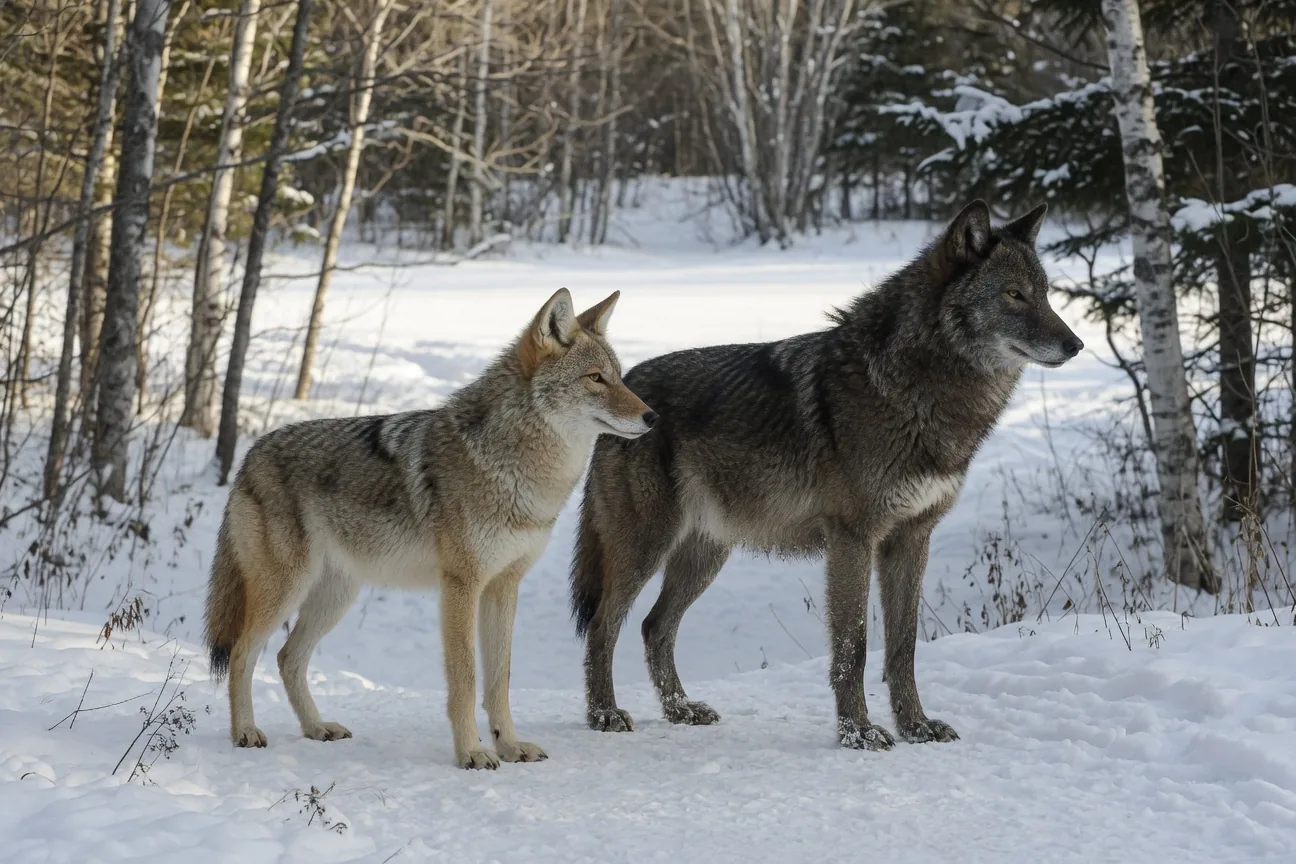 A lean tan coyote standing next to a visibly larger, darker eastern wolf in a snowy Canadian woodland, showing the clear size difference between the two species.