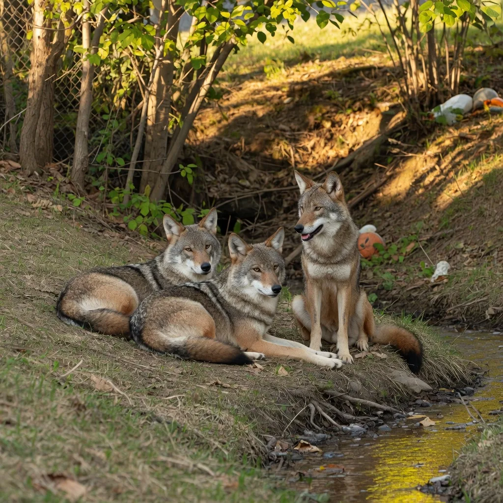 Three coywolves resting together beside a creek in a suburban ravine, showing their social pack behavior inherited from wolves.
