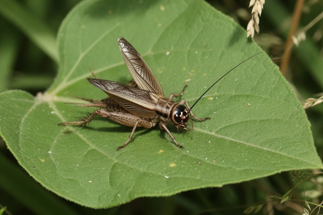 A male cricket with wings slightly raised in the stridulation position, about to chirp
