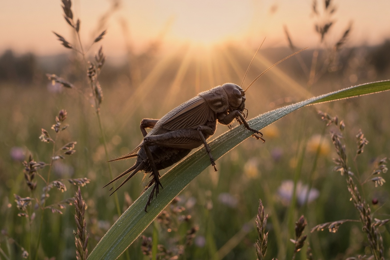 A cricket perches on a blade of grass with a golden sunset in the background.