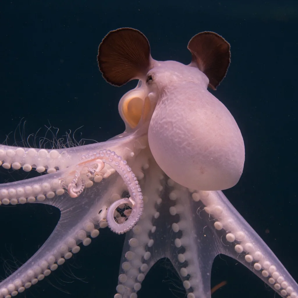 Close-up of a Dumbo octopus showing its two ear-like fins and webbed tentacles
