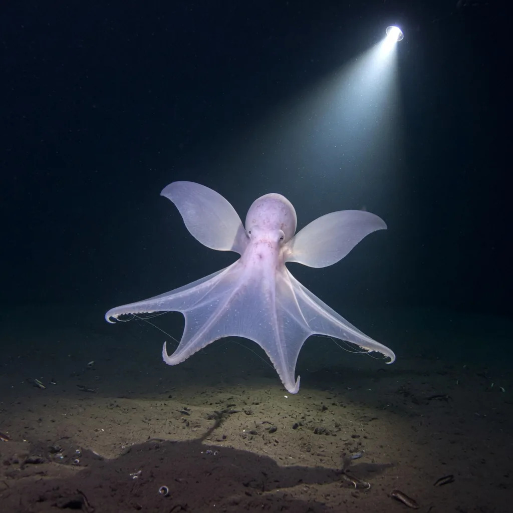 A Dumbo octopus swimming gracefully through deep ocean water, fins spread wide, tentacles fanned out like an umbrella