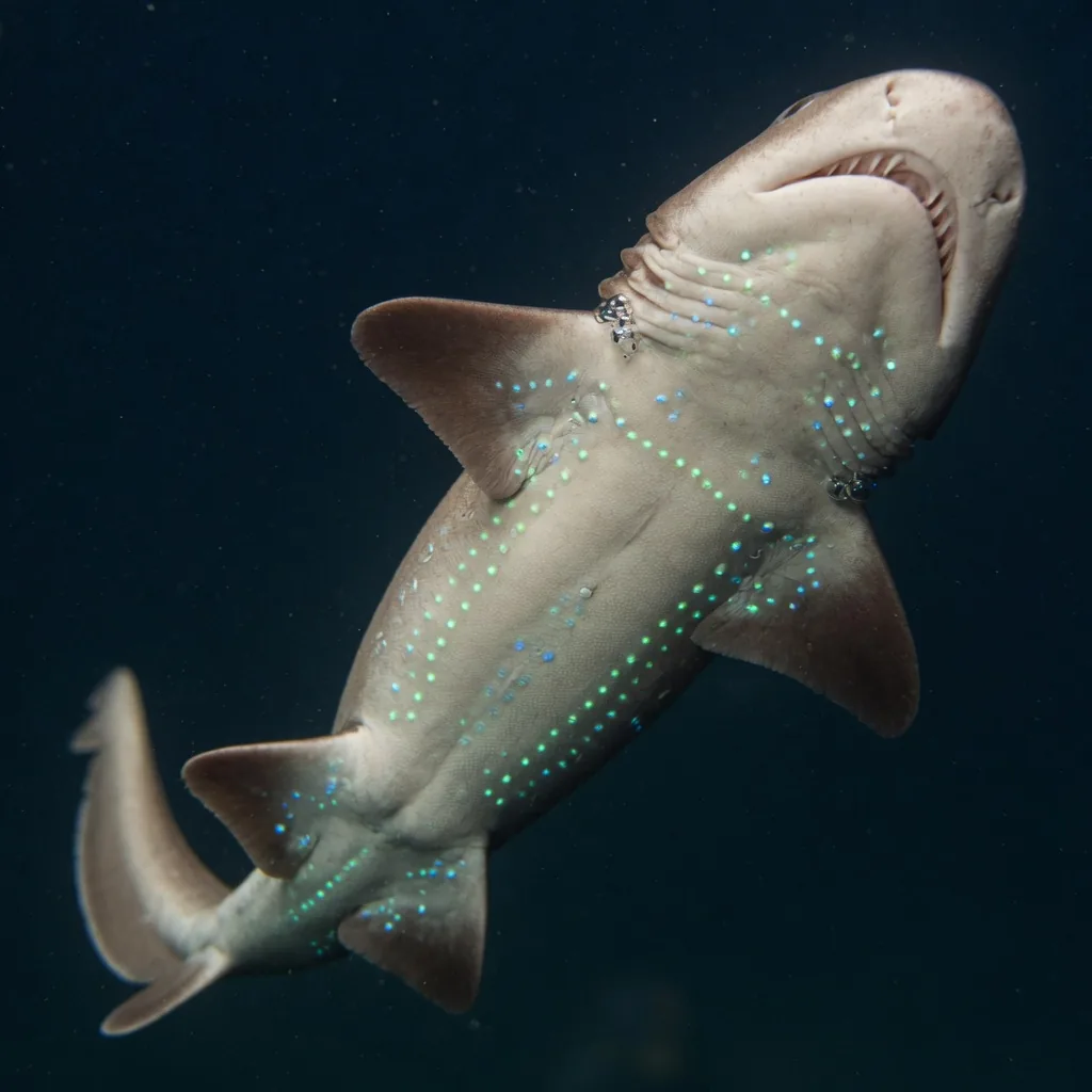 The glowing underside of a dwarf lanternshark in the deep ocean, rows of tiny blue-green photophores light up to attract prey and mask the shark's silhouette