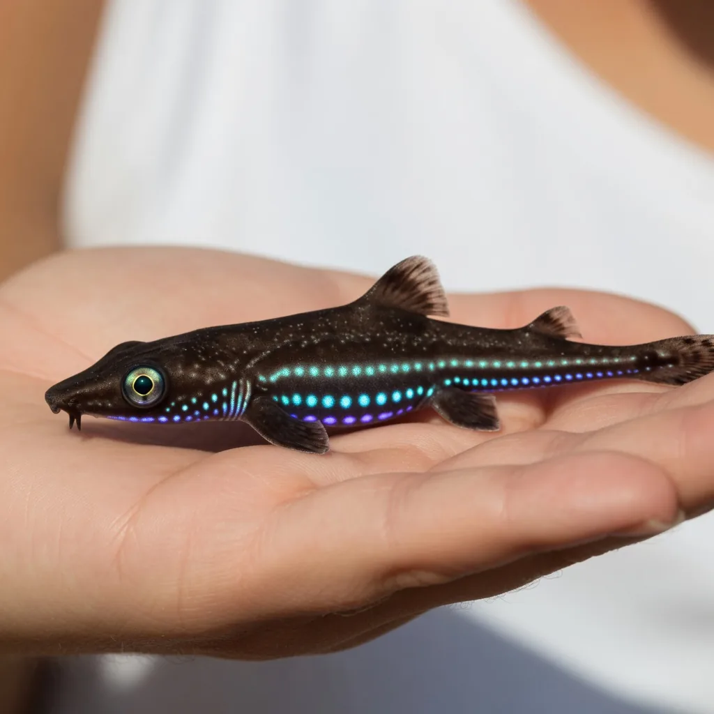 A dwarf lanternshark resting in a human palm, showing just how tiny this shark really is, only about 6 inches long