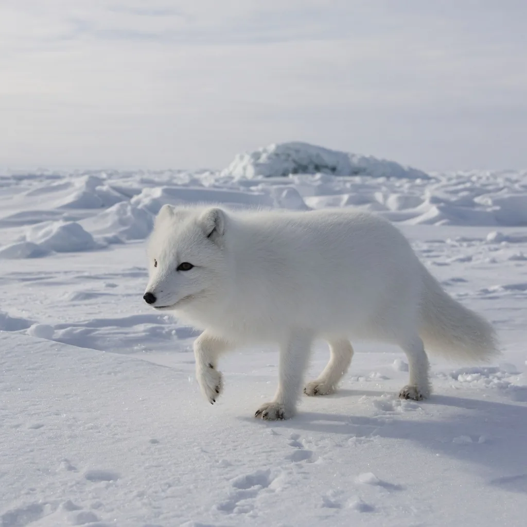 An Arctic fox in white winter coat on snowy tundra