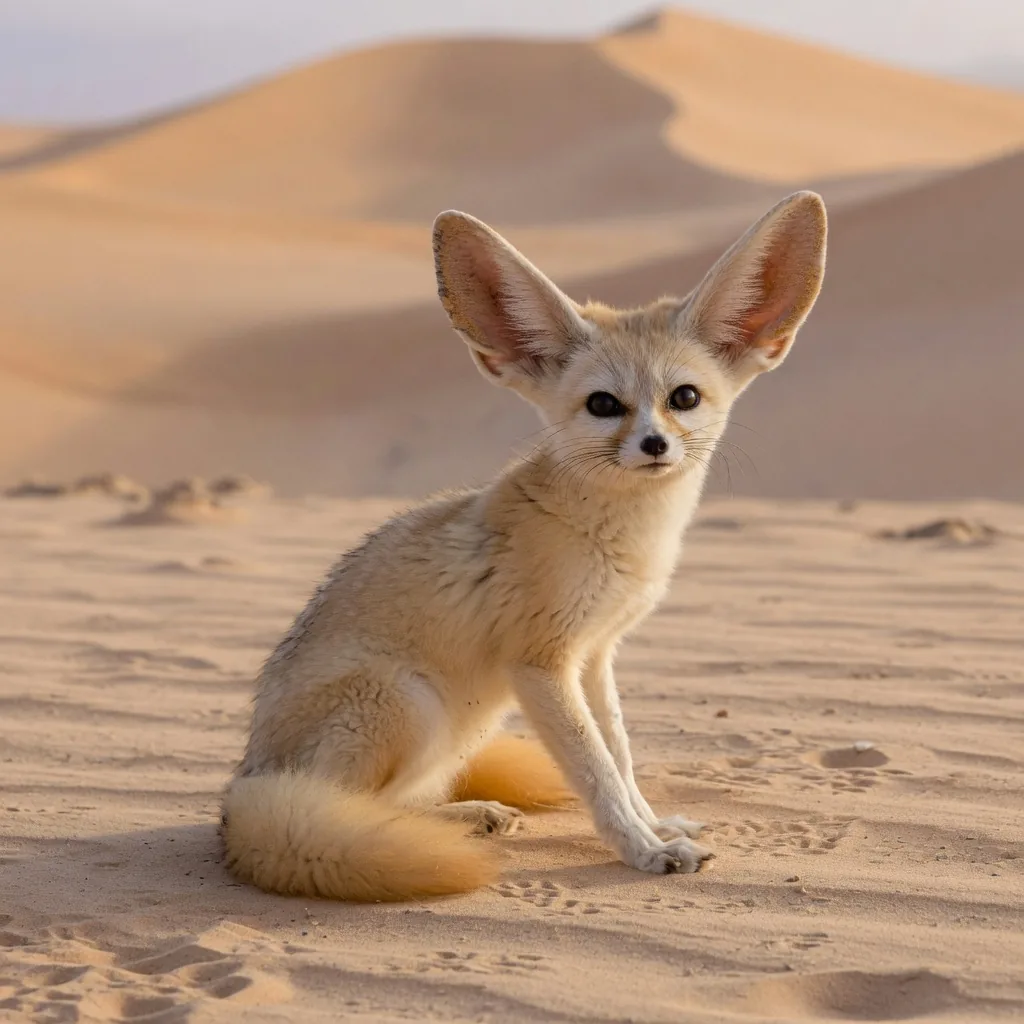 A Fennec fox sitting in desert sand, showing its enormous ears