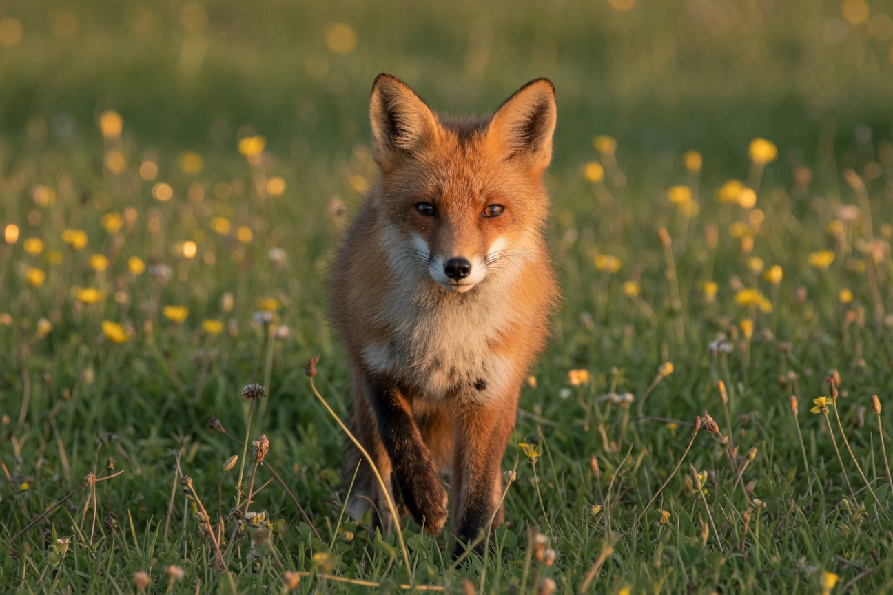 A red fox stands in a grassy meadow dotted with yellow wildflowers, looking directly at the camera.