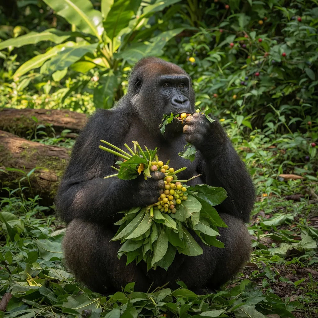 Gorilla eating leaves and fruit in forest